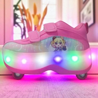 صورة حذاء الأنمي الوردي – إنارة LED وعجلات خفية للبنوتات الكيوت